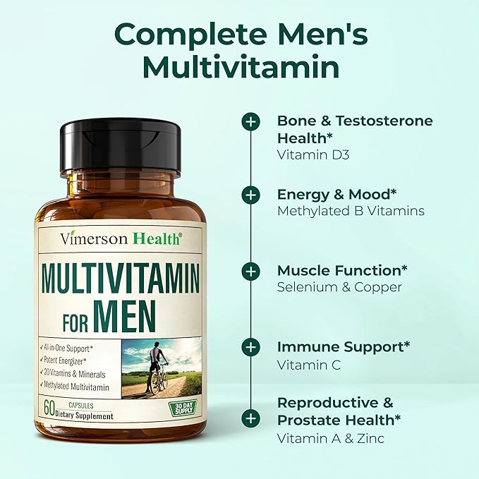Multivitamine méthylée pour hommes avec vitamines biodisponibles, minéraux chélatés, vitamine D, B12, C, A et zinc pour l'énergie, la concentration et la santé immunitaire – Multivitamines et multiméraux premium pour hommes – 60 gélules