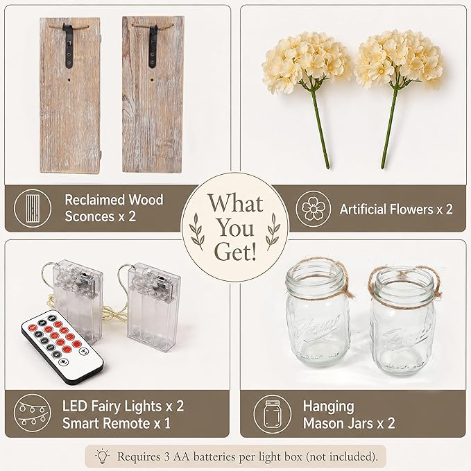 Rustic Mason Jar Sconces Wall Decor - Set of 2 Hanging Wooden Wall Art with LED String Lights & Remote Timer - Vintage Farmhouse Decoration for Living Room or Bedroom, Rustic Brown
