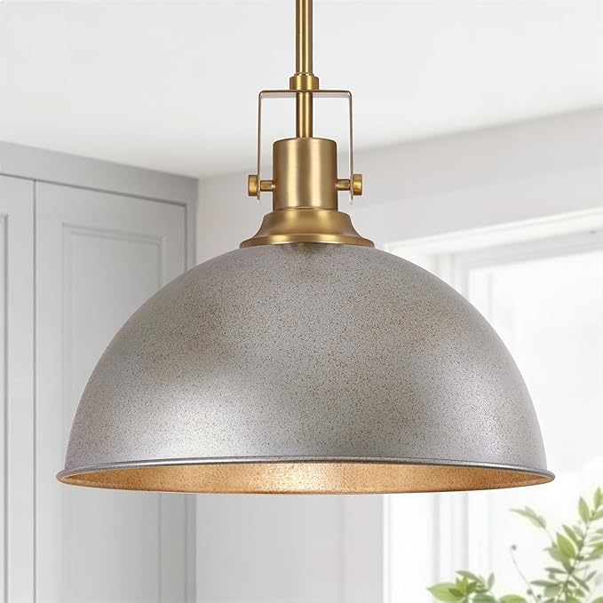 LamQee 13 Inch Antique Silver Metal Pendant Light Kitchen Island, Farmhouse Modern Dome Pendant Light Fixtures Ceiling Hanging Lighting Chandelier for Dining Room Over Table, Bar, Hallway, Entryway