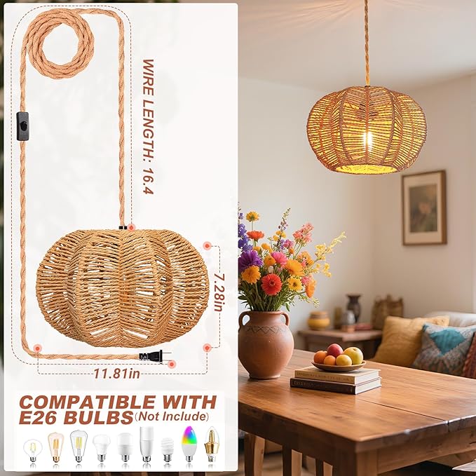 Hanging Lights with Plug in Cord Rattan Hanging Lamp Boho Ceiling Light Fixtures Farmhouse Pendant Lamp Shape for Living Room Bedroom Kitchen