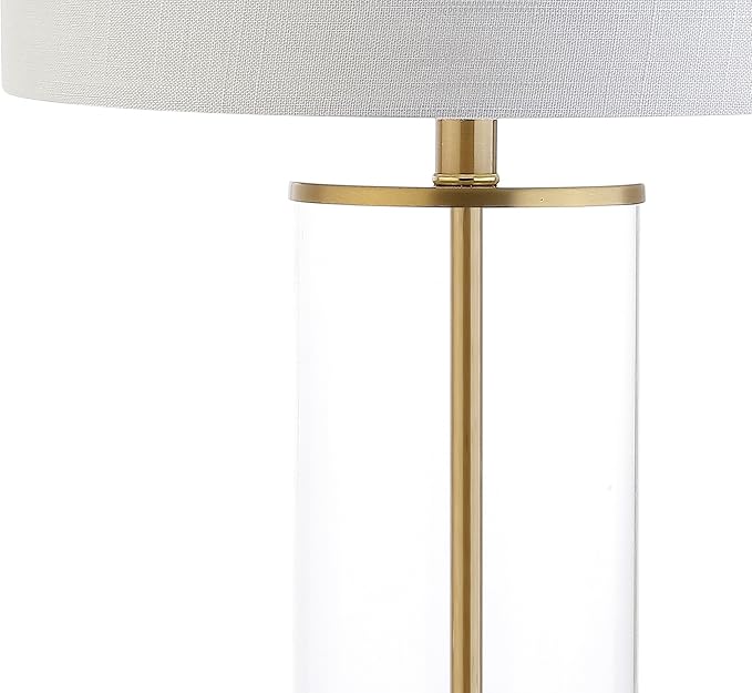 JONATHAN Y 29.25" Clear/Brass Gold Modern Glass Table Lamp for Living Room Bedroom, Minimalist Nightstand Bedside Lamp, White Linen Drum Shade, LED Bulb Included (JYL2005A)