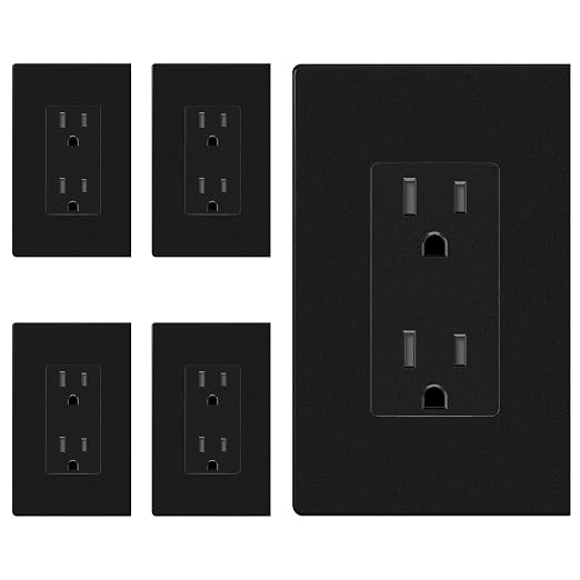 ENERLITES 5 Pack Matter Black Decorator Receptacle with Screwless Wall Plate, Standard Electrical Wall Outlet, 15A 125V, Self-Grounding, 2-Pole, 3-Wire, 5-15R, UL Listed, Tamper Resistant