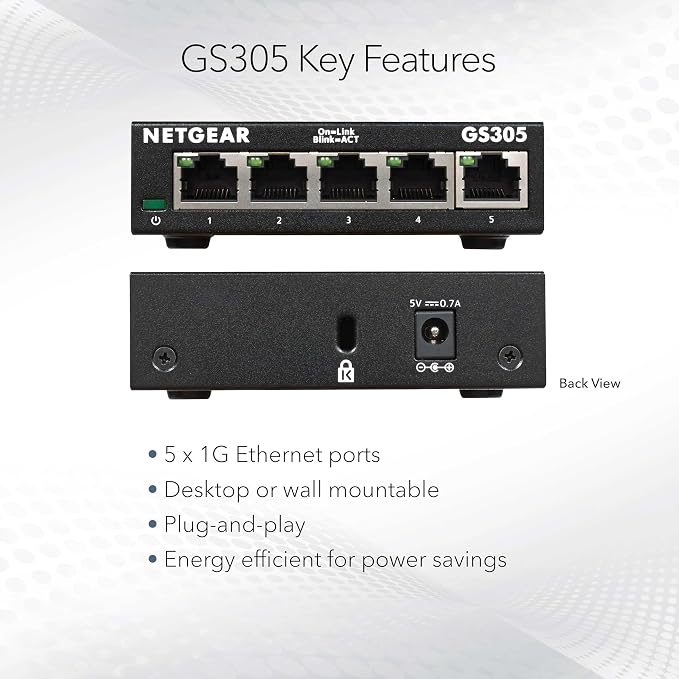 NETGEAR 5-Port Gigabit Ethernet Unmanaged Essentials Switch (GS305) - Home Network Hub, Office Ethernet Splitter, Plug-and-Play, Silent Operation, Desktop or Wall Mount