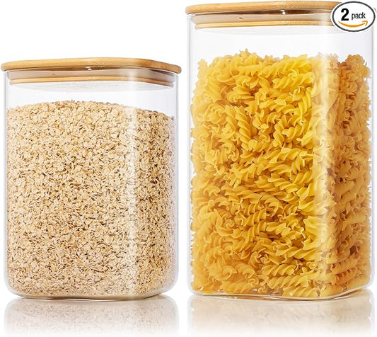 168oz & 84oz Large Glass Storage Containers with Lids for Pantry Storage-2P | Square Borosilicate Glass Jar with Airtight Lid Keep Flour, Sugar & Rice Fresh, Fit 10lb Bag, BPA-Free for Pantry Organizer