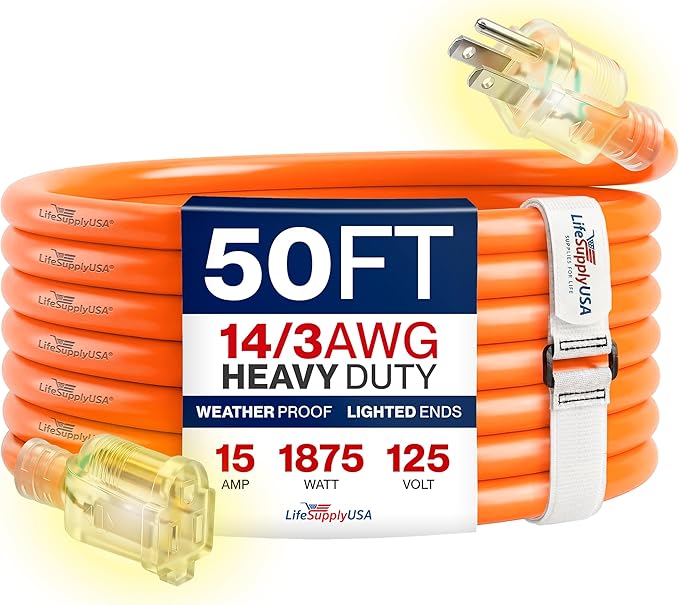 50ft Outdoor/Indoor Extension Cord 14/3 Gauge Heavy Duty 3 Prong SJTW, Waterproof, Flexible Cold-Resistant Long Power Cord,15A 125V 1875W, Orange by LifeSupplyUSA