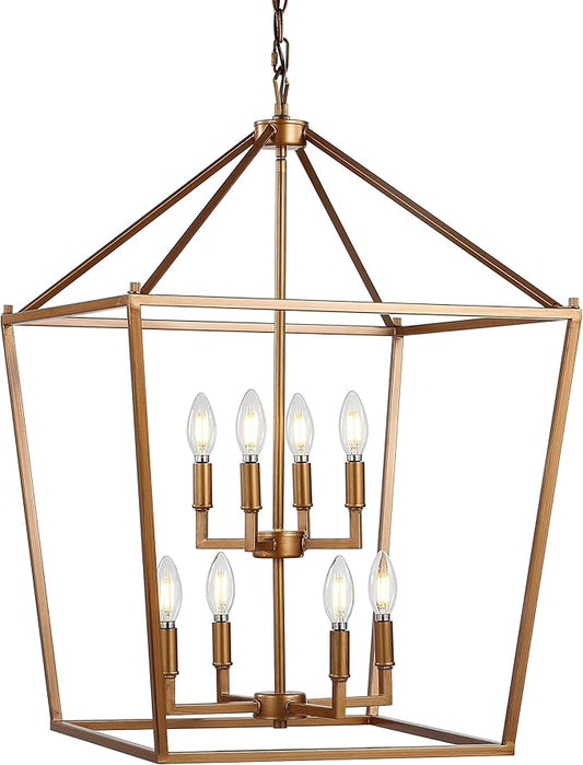 JONATHAN Y 20" Antique Gold Lantern Pendant Light, 8-Light Pagoda Style Metal Cage Farmhouse Hanging Ceiling Fixture for Kitchen Island, LED Bulb Included (JYL7438B)