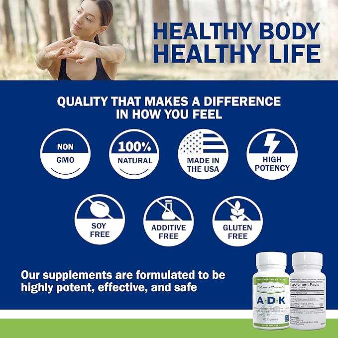 Power By Naturals Complément de Vitamines ADK – Mélange Hautement Dosé de Vitamines A, D3 5000 UI et K2 MK7 pour la Santé Osseuse – Complément de Vitamines A D K – 60 Gélules (2 Mois d'Approvisionnement)