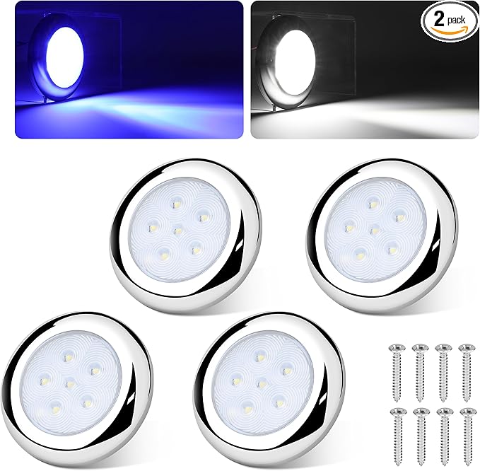 RVZONE 3 Inch White & Blue Dual Color Boat Courtesy Lights, IP68 Waterproof Stainless Steel Marine LED Light, Interior Exterior Deck Cabin Lighting for Fishing Pontoon Sailboat, 4 Pack