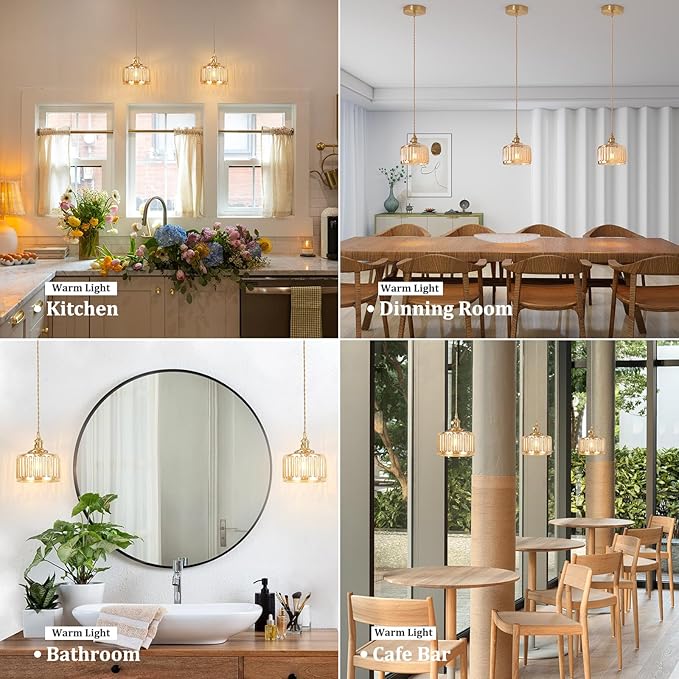 Shenmoyl Pendant Light 2 Pack with Amber Striped Glass Lmapshade, Brass Vintage Pendant Light Adjustable Hanging Light for Kitchen Island Dining Room Hallway