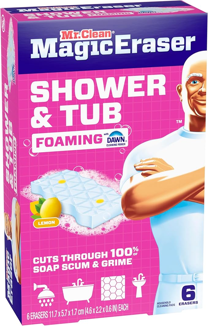 Éponge magique effaceur de taches Mr. Clean, nettoyant pour salle de bain, douche, baignoire, éliminateur de résidus de savon, fournitures de nettoyage de salle de bain, puissance de nettoyage Dawn avec parfum de citron, douche et baignoire, 6 unités
