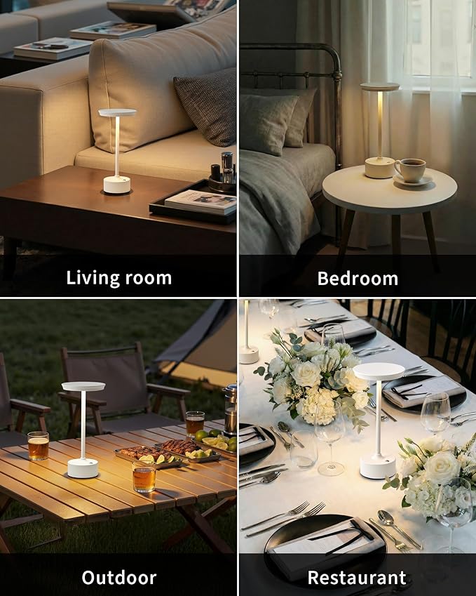 PUSU Rechargeable Table Lamps Set of 2, White Cordless LED 4000mAh Battery Desk Lamp, Stepless Dimming & 3 Color 2700K-6000K, Portable Lamp for Bedroom, Living Room, Restaurant, Outdoor, Night Light