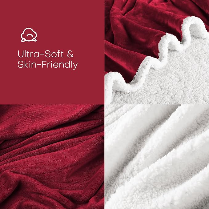 Electric Heated Blanket 62"x84" Twin Size, Dual-Sided Flannel & Sherpa, 9 Heat Settings & 1-10H Auto Off, Soft Warm for Home Office Bed Couch, Machine Washable, ETL Certified, Wine Red