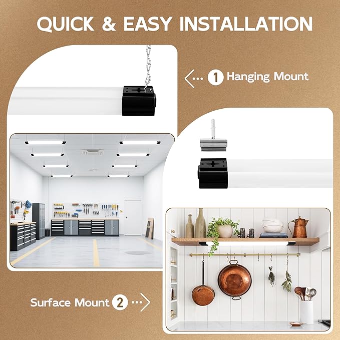 hykolity 6 Pack LED Shop Light, 2FT 22W [200W Equivalent], 2400lm, 5000K Daylight, with Plug,Linkable Led Garage Ceiling Lights, Workshop,Hanging or Surface Mount, Black