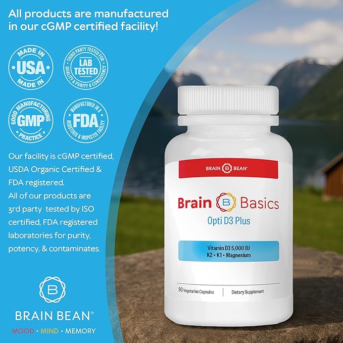 Brain Basic Opti D3 Plus - Vitamine D3 5000 UI avec K1, K2 et Magnésium - Supplément de Soutien Cérébral pour l'Humeur, l'Esprit, la Mémoire - Santé des Os, des Muscles et du Système Immunitaire - Sans Gluten, Sans Soja et Sans Produits Laitiers