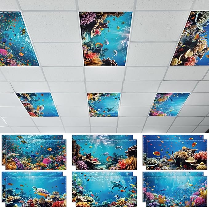 12 Pcs Fluorescent Light Covers with 120 Magnets Decorative for Classroom Ceiling Light 4 x 2 Feet Magnetic Light Covers Filter Easy Install for Office Hospitals & Home Ceiling Supplies(Ocean Animal)