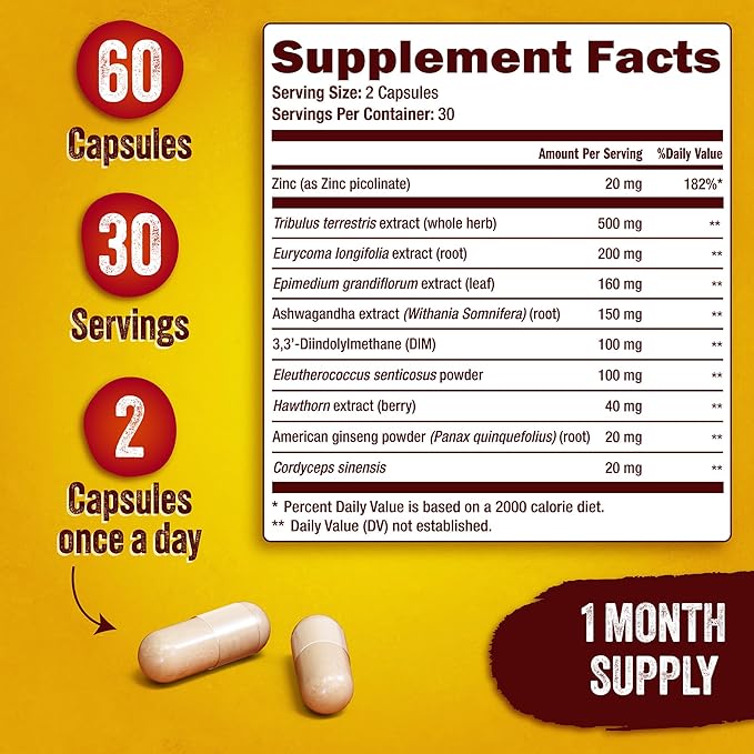 Testosterone Booster for Men - Male Enhancing Supplement for Muscle Growth, Energy, Strength & Recovery - Ashwagandha, Tongkat Ali, DIM, Zinc, Tribulus - Helps Improve Fast Acting Blood Flow - 60ct