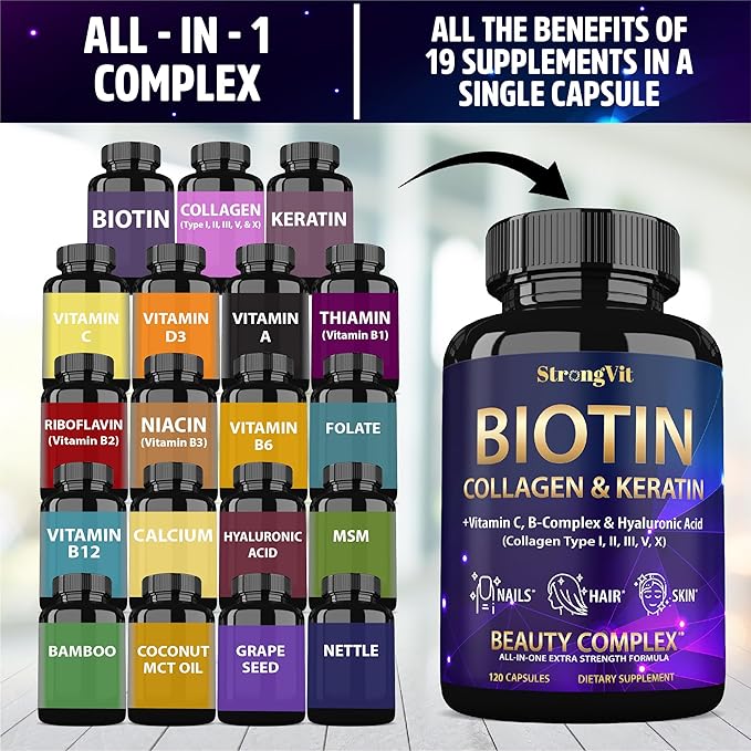 StrongVit Biotin with Hyaluronic Acid, Keratin and Collagen Supplements - 10000mcg for Hair Growth Women and Men - Hair Skin and Nails Vitamins - 120 Capsules