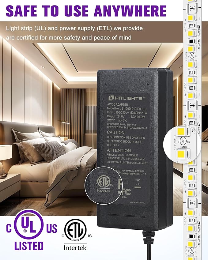 HitLights White LED Strip Lights Kit with Remote & 24V Power Supply, 16.4ft Dimmable Tape Light 4000K, 600 LEDs, 425 lm/ft, CRI 90+, IP30, UL Listed, Lighting for Living Room, Kitchen, Under Cabinets