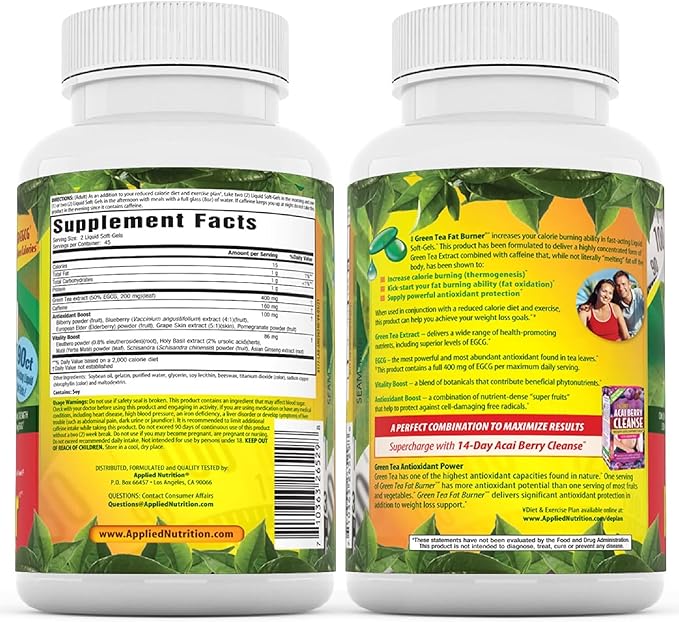 Applied Nutrition Green Tea Fat Burner - 90 Liquid Soft-Gels, Pack of 2 - Increases Calorie Burning & Supplies Powerful Antioxidants - 90 Total Servings