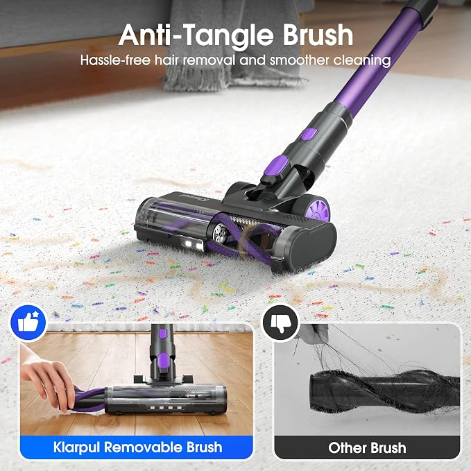Klarpul Cordless Vacuum Cleaner, 650W 55KPA 70Mins Runtime Fast Charging Vacuum Cleaner, Self-Standing LED Light Touch Screen Stick Vacuum for Home Light Weight,for Pet Hair/Carpet/Floor, Purple
