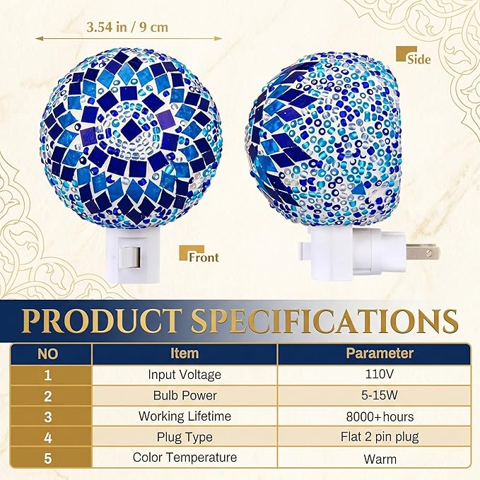 Baquler Turkish Night Light Plug in Wall - Moroccan Stained Glass Globe Lamp Bohemian Bedroom Decor Ambient Warm Light for Living Room Hallway Unique Gift for Women(Blue)