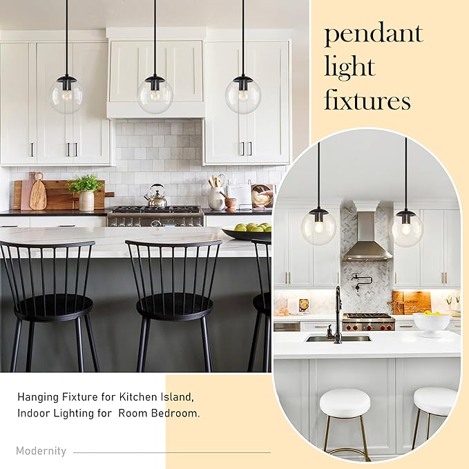 Bagood 8" Globe Pendant Light Black 2 Pack Mid Century Pendant Light Globe Pendant Lights Kitchen Island Matte Black Finished with Clear Glass Adjustable Ceiling Light Fixtures for Dining Room Bar