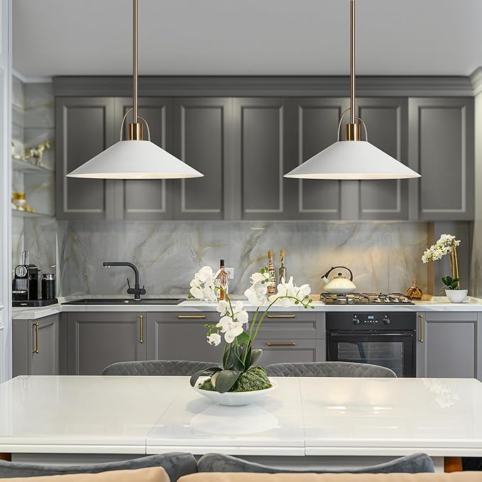 KSANA Pendant Lights Kitchen Island, 14'' Gold and White Pendant Light Fixtures, Modern Large Metal Kitchen Pendant Lighting Over Island