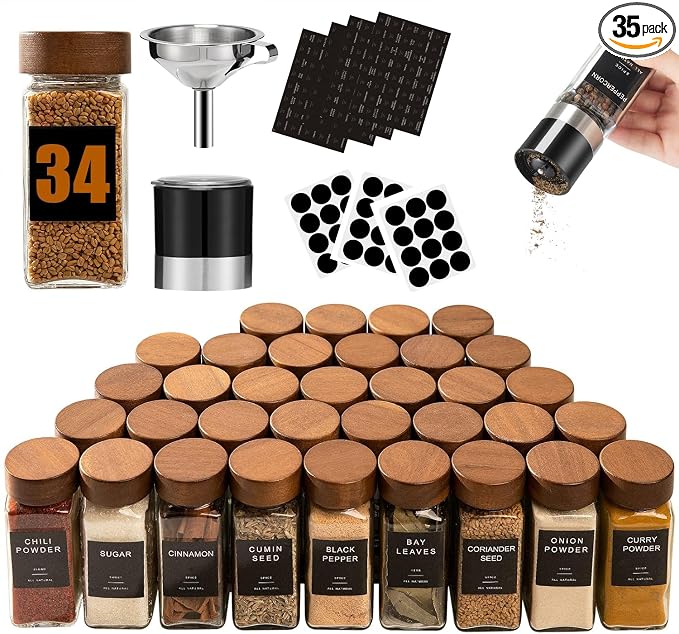 Yangbaga Glass Spice Containers for Kitchen: 34p 4oz Durable Glass Dishwasher Safe Jars for Cooking Enthusiasts- Airtight Acacia lid 500X Open-Close no Loose - Gift/Daily Use for Housewives