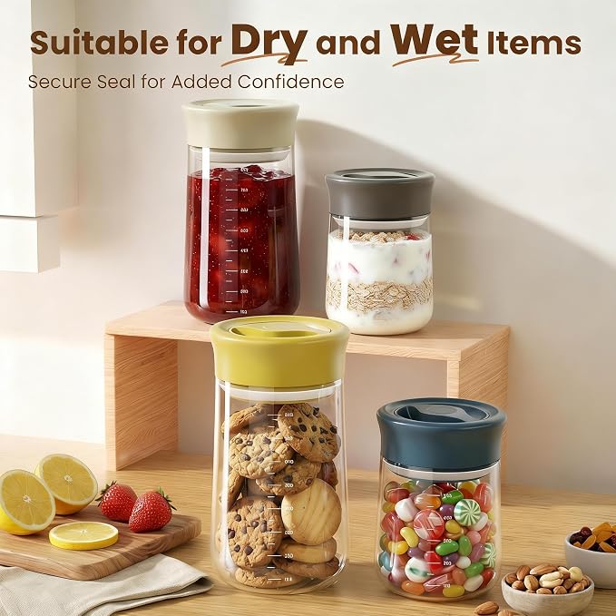 OURCABECUE Wide Mouth Mason Jar 16oz, Newly Upgraded Easy Open Rotating Lid, Food Grade Glass Storage Jar for Overnight Oats Yogurt Snacks Candy Jars