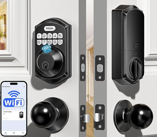 TEEHO TE012W-K WiFi Smart Keyless Entry Door Lock with Handle, Fingerprint Door Knob & Digital Keypad, APP Remote Control, Works with Alexa & Google, Electronic Deadbolt for Front Door, Matte Black