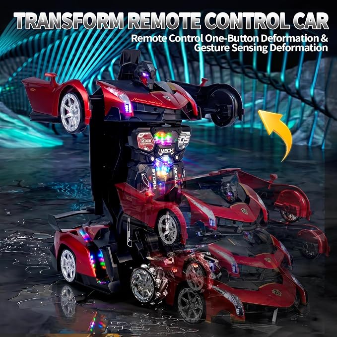 1:10 Big Size Transform RC Car, Gesture Sensing Transformation 2.4GHz Remote Control Car, One Button Deformation to Robot with Lights, Transforming Toy Cars Gift for Kids Age 8-12 Years Old Boys(Red)