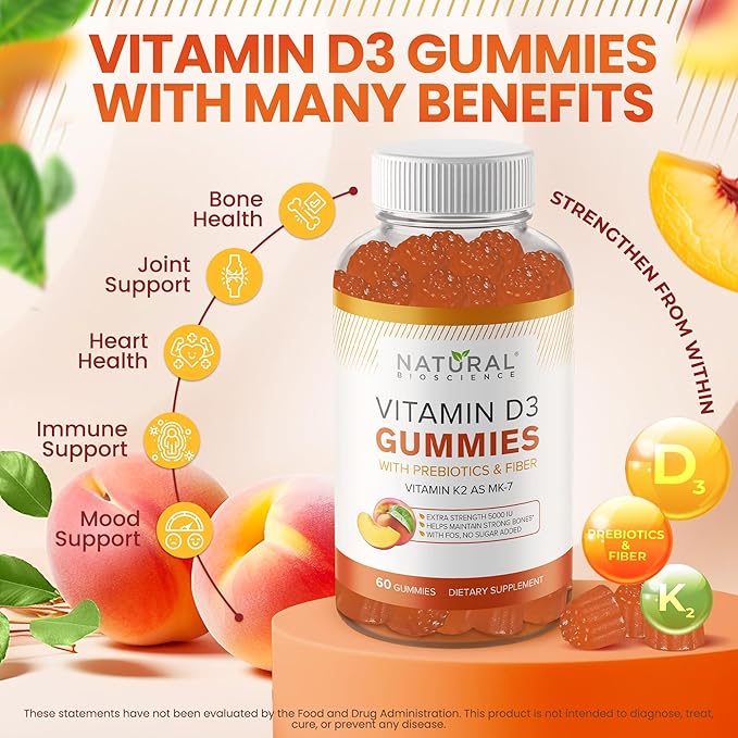 Gummies de vitamine D3 10000 UI et vitamine K2 - Extra fortes, sans sucre, haute absorption - Soutien des os, des articulations, de l'immunité, du cœur, du cerveau et de l'humeur - Sans OGM, sans gluten, à base de fibres avec prébiotiques, 30 gommes