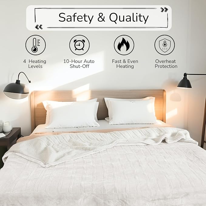 Electric Heated Blanket Queen Size 84"x90" – ETL Certified for Safe Overnight, 4 Heat Settings & 10H Auto Off, Dual-Sided Microplush Sherpa for Home Theater Night, Machine Washable – White