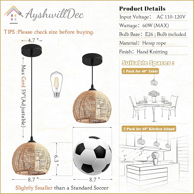 3 Pack Wicker Pendant Light Natural Woven Pendant Light Boho Chandelier Light Fixture Dome Rustic Farmhouse Pendant Lights Rattan Light Fixture for Dining Room Kitchen Island (Bulb Incl.)