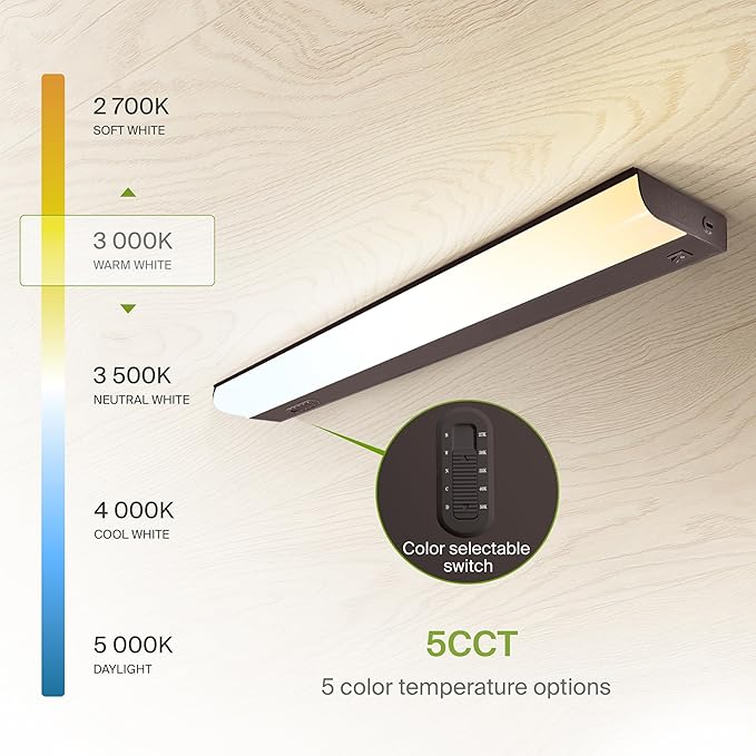 ASD LED Under Cabinet Lighting Hardwired, 24 Inch 12W 2700K-5000K Selectable, 1051LM, CRI90+, Direct Wire Linkable Under Counter Lights for Kitchen, Dimmable Under Cabinet Lights, Bronze, UL Certified