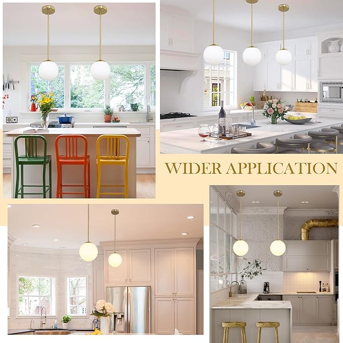 Bagood 8" Globe Pendant Light Gold Mid Century Modern Light Fixture Globe Pendant Lights Kitchen Island Milk Glass Pendant Light Brushed Brass Finished with Milk Glass Lampshade for Dining Room