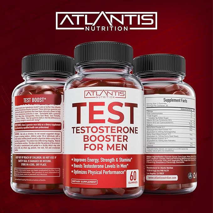 Atlantis Nutrition Testosterone Booster Gummies for Men - Enhances Strength & Stamina - Optimizes Performance & Male Enhancement - Tribulus, Goat Weed Extract, Maca Root Extract | 60 Gummies