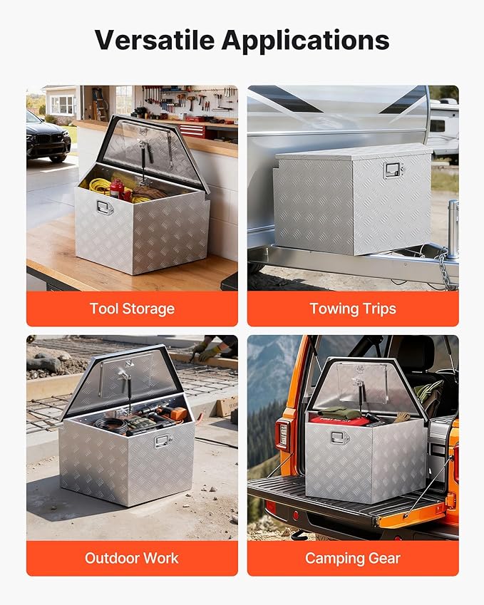VEVOR Trailer Tongue Box, Heavy Duty Trailer Tongue Tool Box Storage Organizer with Lock & Keys, Utility Tool Chest for Pickup Truck Bed, RV, SUV, Off-Road Vehicle, Aluminum, 29" x 16.1" x 18", Silver