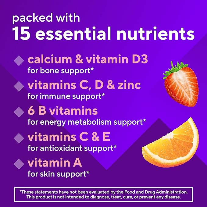 vitafusion Soutien GLP-1 Multivitamine, Mélange de vitamines et de minéraux, 15 nutriments essentiels, Saveur agrumes et baies, 90 unités, Approvisionnement de 45 jours