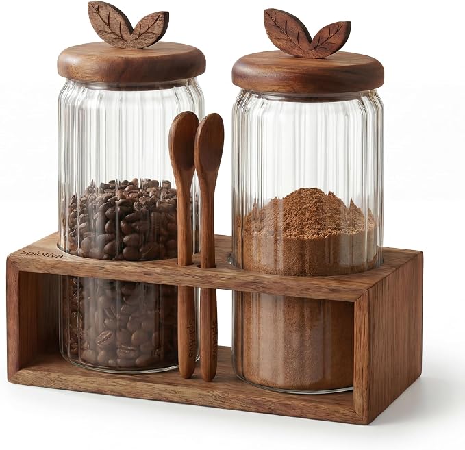 Glass Coffee Canister Set of 2 with Acacia Wood Lids and Spoons - Airtight Coffee Container for Ground Coffee, Sugar - Coffee Bar Accessories with Organizer Tray for Kitchen Counter (34floz Each)