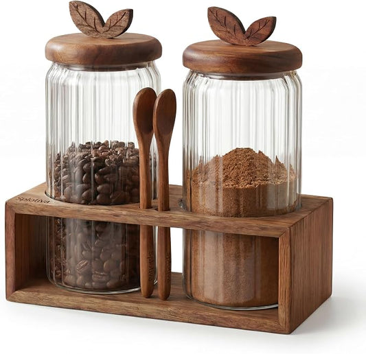 Glass Coffee Canister Set of 2 with Acacia Wood Lids and Spoons - Airtight Coffee Container for Ground Coffee, Sugar - Coffee Bar Accessories with Organizer Tray for Kitchen Counter (34floz Each)