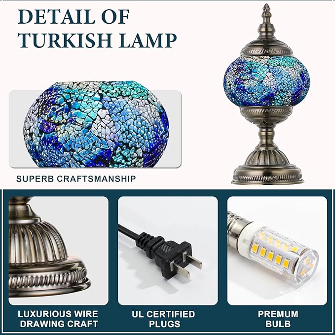 Marrakech Vintage Morrocan Lamp with Tiffany Style, Handmade Turkish Table Lamp with Bronze Base Including LED Bulb for Living Room Bedroom Decor (Shard Blue)