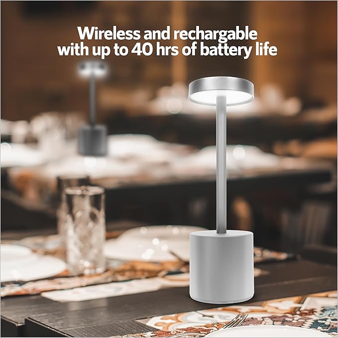 10 Pack - Silver Rechargeable Cordless Table Lamps, Portable LED Desk Lamps, Dimming 5000mAh Rechargeable Battery Powered LED Lighting for Restaurant,Bar, Bedroom, Outdoor, Party