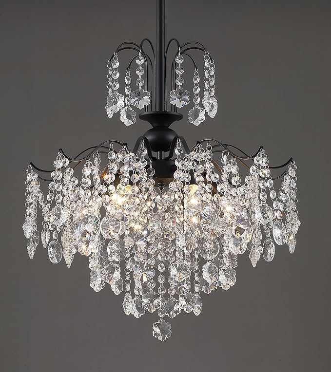 Q&S Crystal Chandelier for Dining Room,Modern Black Crystal Pendant Light,6 Lights for Kitchen Island Entryway Bathroom Office Bar UL Listed