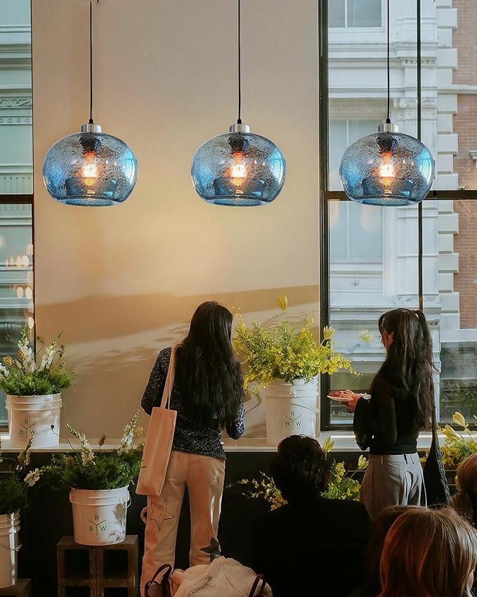 CASAMOTION Hand Blown Glass Pendant Lights Kitchen Island Marble Blue Color Modern Rustic Style Ceiling Hanging Light Fixtures Dining Room Brushed Nickel 8.7 Inch Diameter 2 Pack