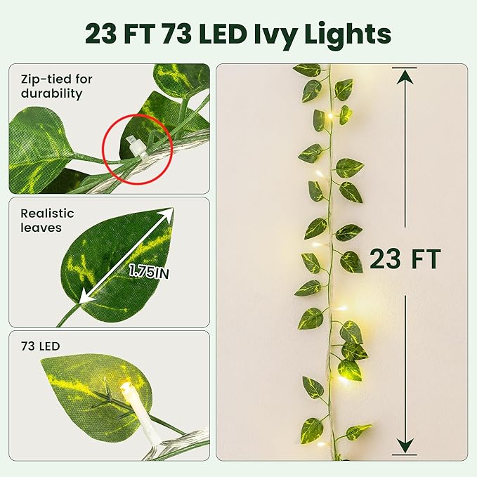 HEYFUNi Vines with Lights, 23 Ft 73 Led Faux Pothos String Lights Plug in, Leaf Lights for Bedroom, Wall, Balcony, Wedding Decor, Warm White