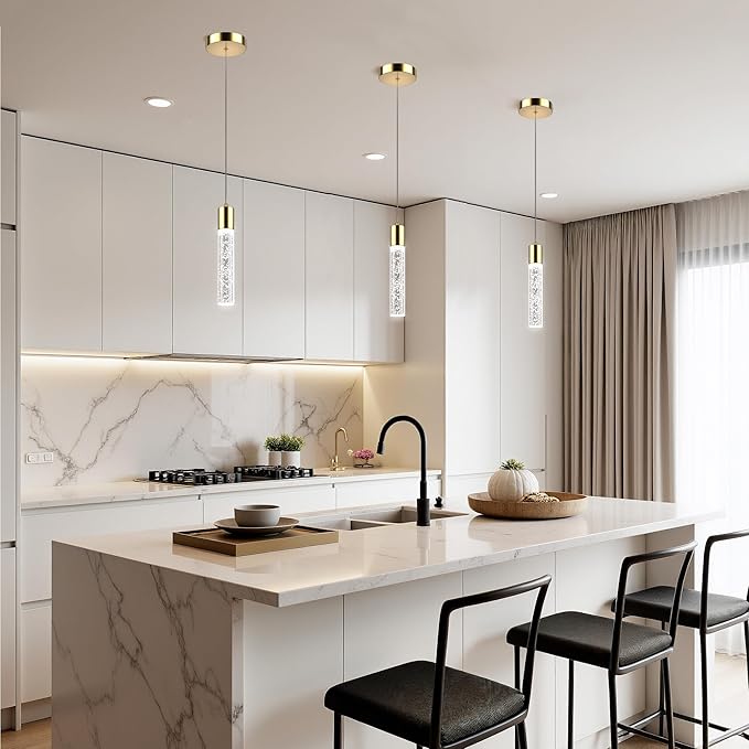 Pendant Lights Kitchen Island, 6500K Modern Kitchen Island Lights Brushed Gold, 1 Pack Ceiling Lighting Fixtures with Crystal Bubble, Integrated LED Hanging Light for Dining Room Restaurants
