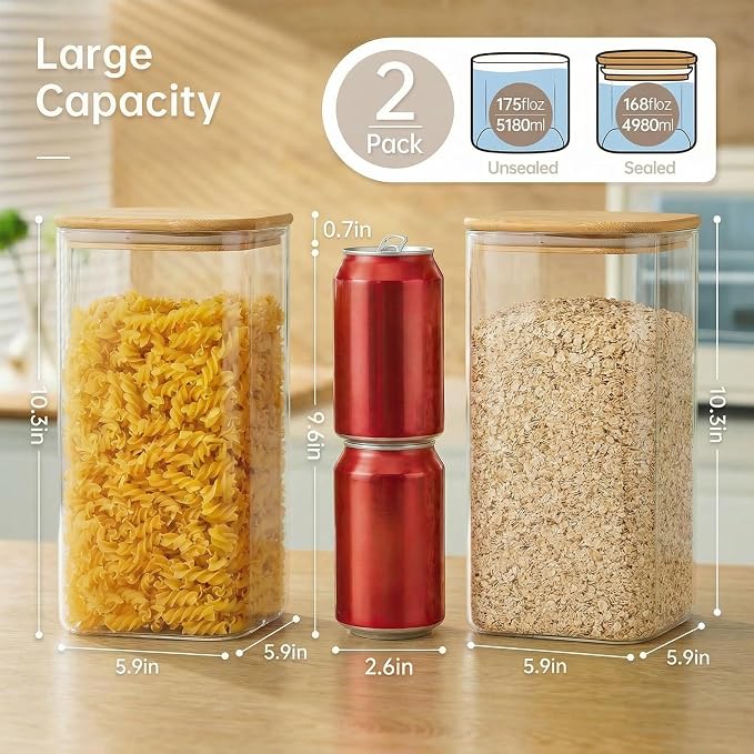 168oz 2 Pack Large Glass Storage Containers with Lids for Pantry Storage | Square Borosilicate Glass Jar with Airtight Lid Keep Flour, Sugar & Rice Fresh, Fit 10lb Bag, BPA-Free for Pantry Organizer