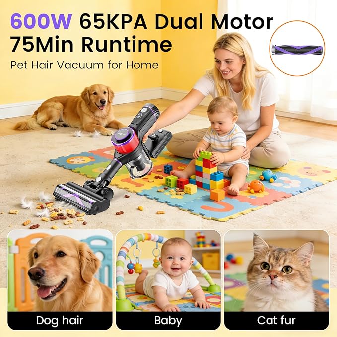 Cordless Vacuum Cleaner,75Min Runtime,600W 65KPA Dual Motor Pet Hair Vacuum for Home with AI Auto Suction,Stick Vacuums with Self-Standing Design,for Carpet,Hardwood Floors,Gift Ideas for Her
