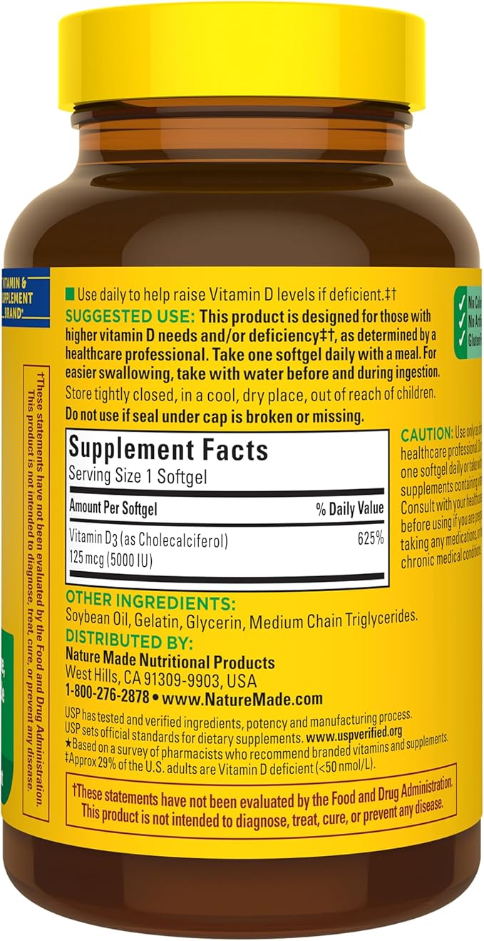 Nature Made Vitamin D3 5000 IU (125 mcg) Softgels, Extra Strength Vitamin D Supplement for Bone and Immune Health Support, 360 Count, 360 Day Supply